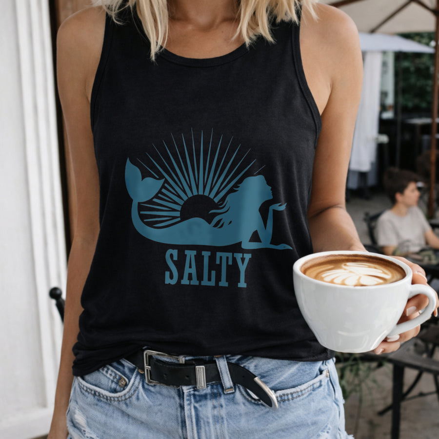 Mermaid Sunburst Salty Crew-neck Sleeveless Vest Outdoor Women's Color Cotton Tank Top in Black