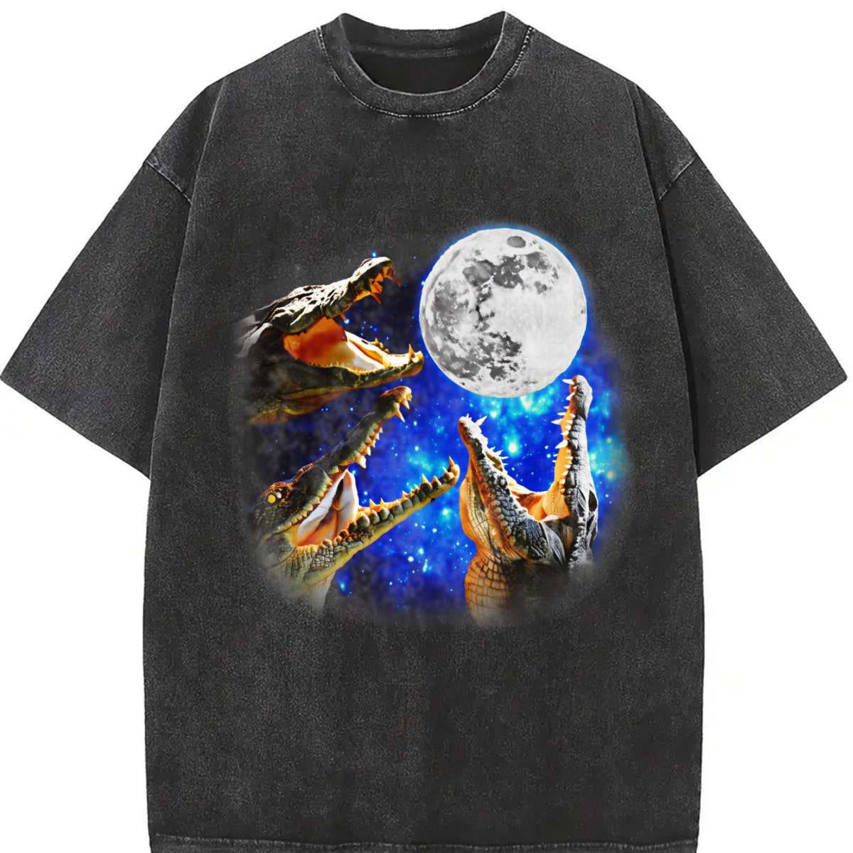 Three Crocodile Moon 90s Vintage Washed T-Shirt in Black