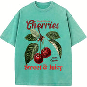 Retro Cherries Commercial Vintage Washed T-Shirt in Blue