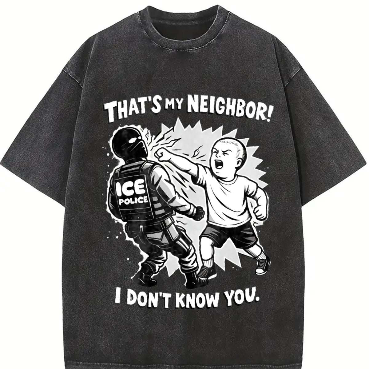 That's My Neighbor Anti ICE and Batik vintage washed oversized T-shirt in Black