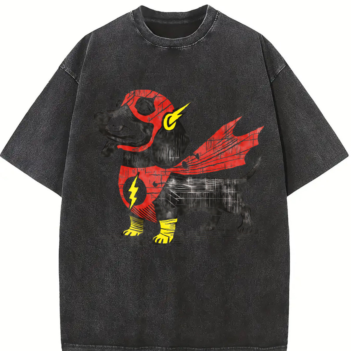 Dachshund Superhero – Wiener Dog for Comic Fans vintage washed oversized T-shirt in Black