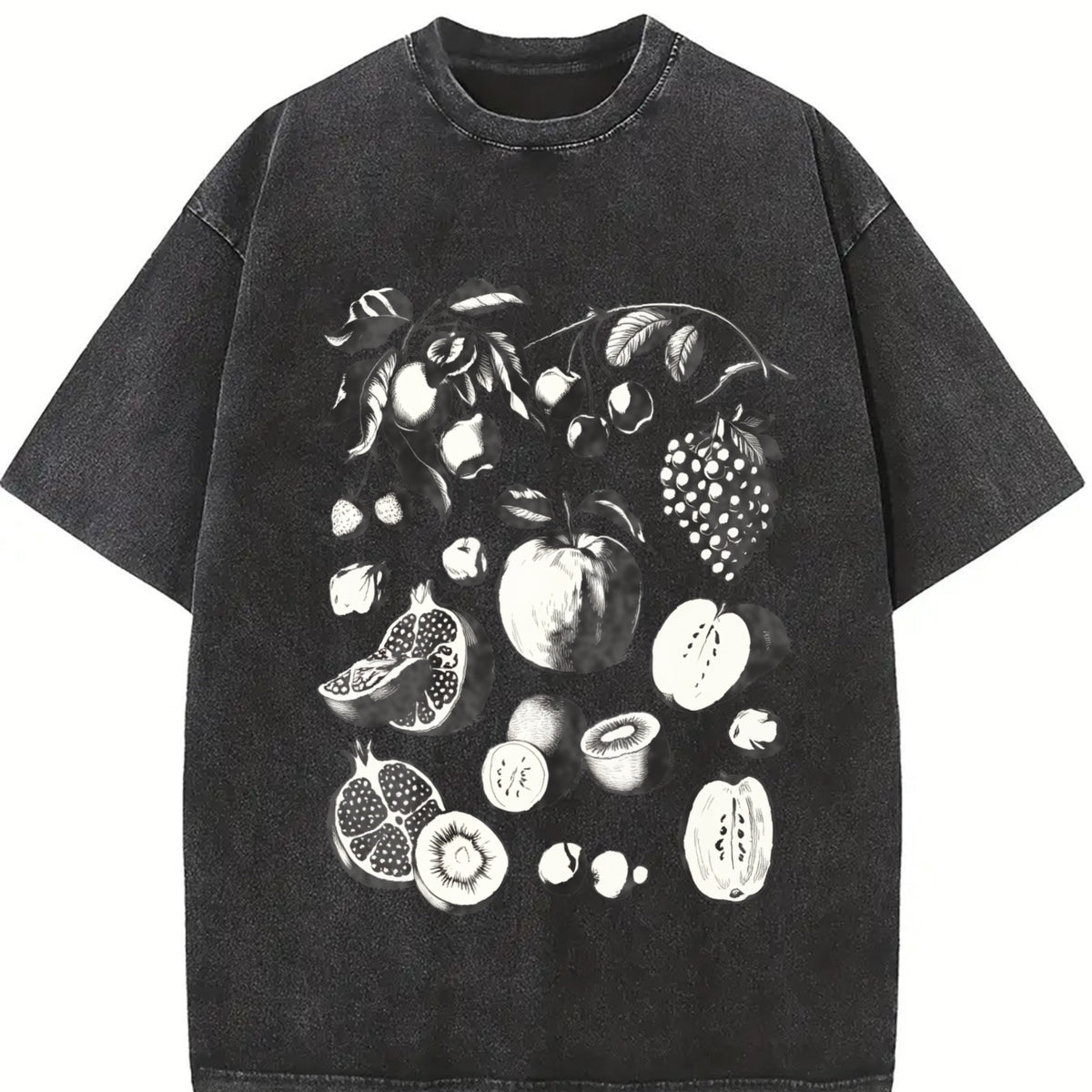 Fruits and Berries Retro 90s Tattoo Vintage Washed T-Shirt in Black