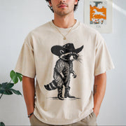 Raccoon Cowboy Western Cowgirl Vintage Washed T-Shirt in Beige