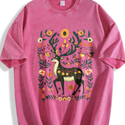 Bohemian Folk Art Vibrant Deer & Floral Vintage Washed T-Shirt in Red
