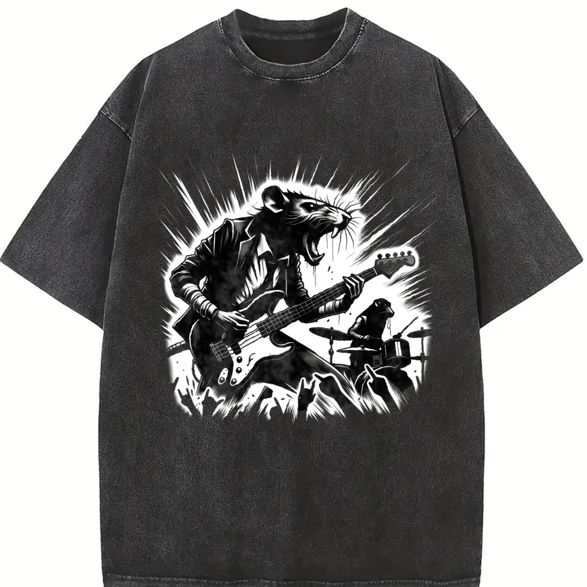 Crazy Rocker Rat 90s Vintage Washed T-Shirt in Black