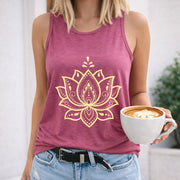 Golden Lotus Mandala Crew-neck Sleeveless Vest Outdoor Women's Color Cotton Tank Top in Red