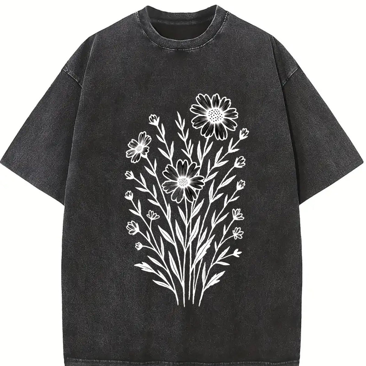 Wildflowers ® Retro Block Peonies Vintage Washed T-Shirt in Black