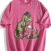 T-rex Tea Party Dinosaur Vintage Washed T-Shirt in Red