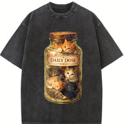 Cat Dose Kitten Art Vintage Washed T-Shirt in Black