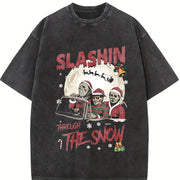 Horror Characters Christmas Vintage Washed T-Shirt in Black