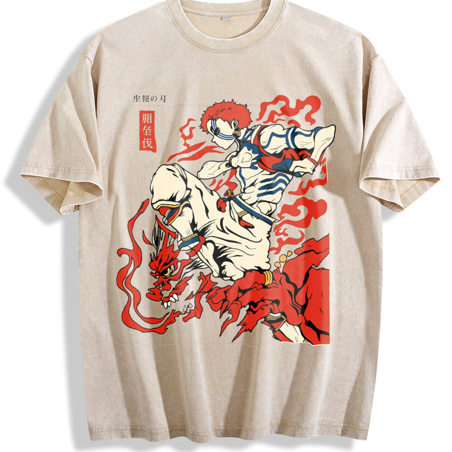 Akaza Upper Moon 3 Demon Slayer Infinity Castle Arc vintage washed oversized T-shirt in Beige