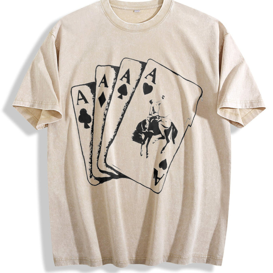 Ace Card Cowboy Playing Card Poker Card Games vintage washed oversized T-shirt in Beige