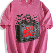 Retro Vampire Let's Watch Horror Movies Vintage Washed T-Shirt in Red