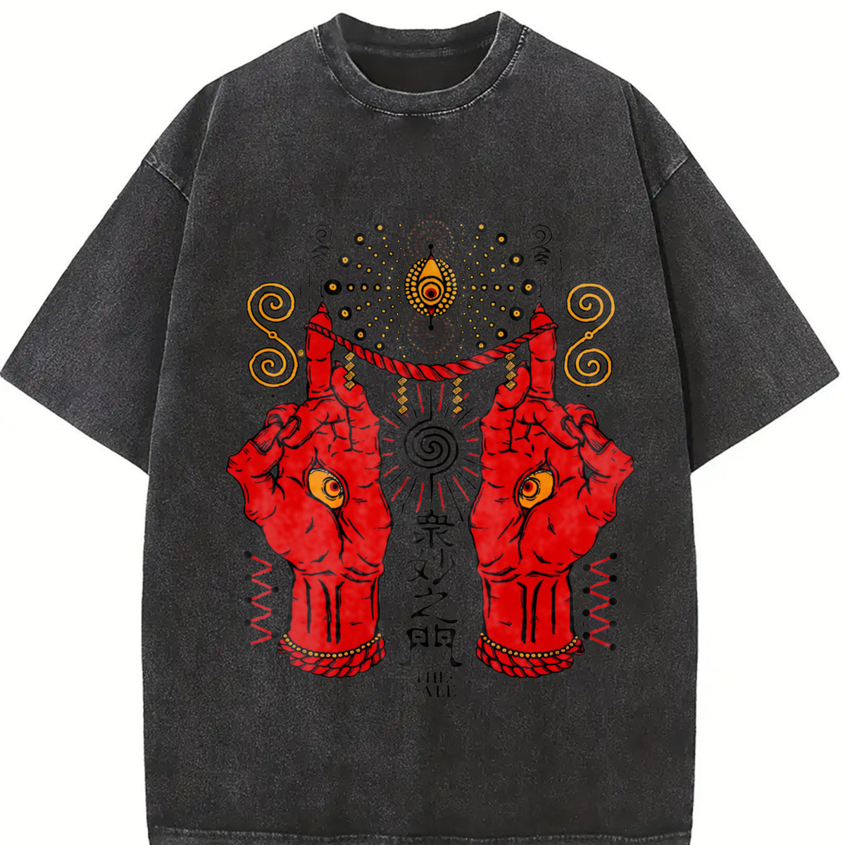 Occult Red Hand & All-seeing Eye Sleeveless Tank Vintage Washed T-Shirt in Black