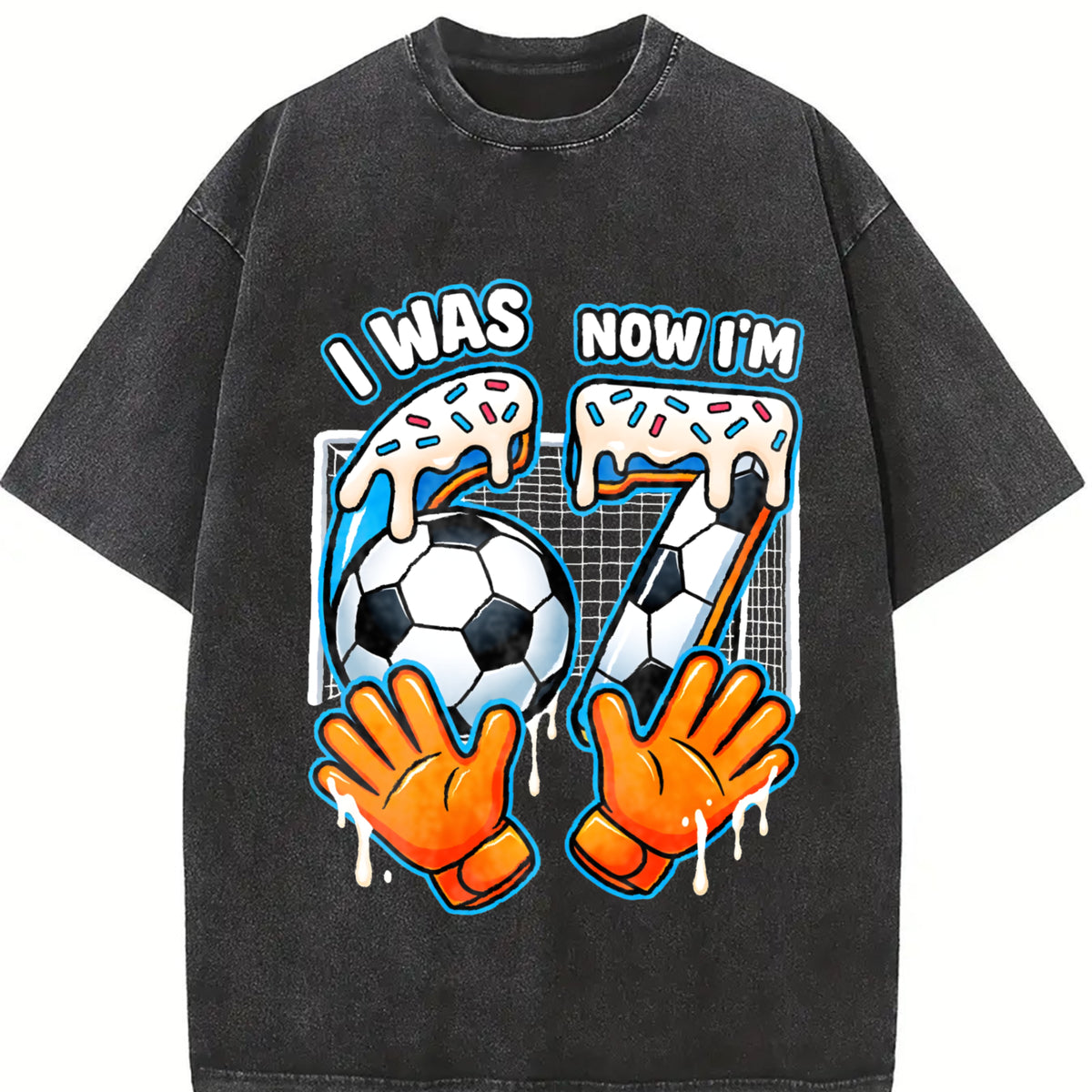 I Was 6 Now I'm 7 Soccer Vintage Washed T-Shirt in Black