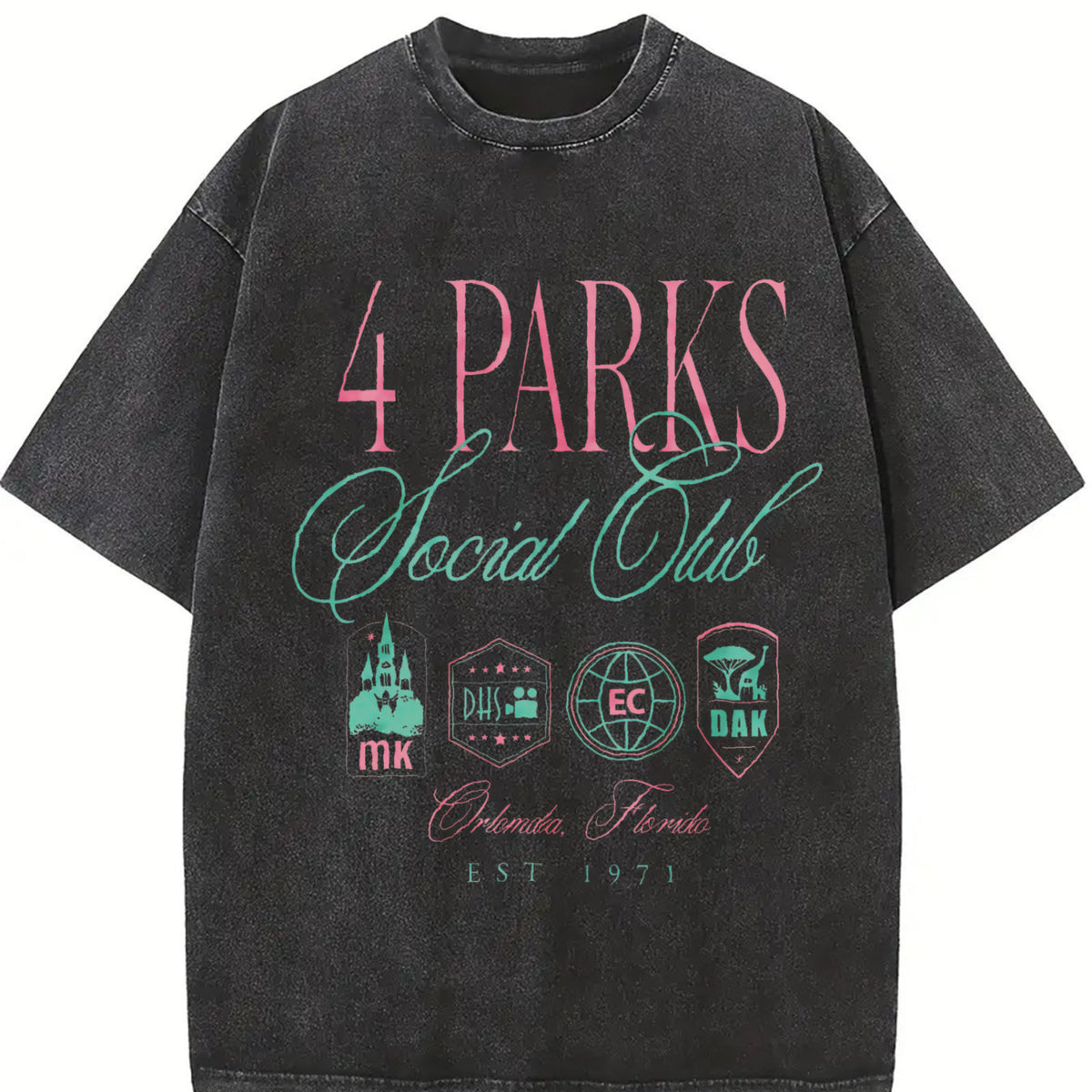 Retro 4 Park Social Club Orlando Florida Vintage Washed T-Shirt in Black
