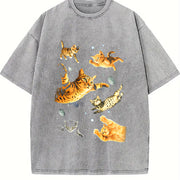 Cats in Galaxy Space Vintage Washed T-Shirt in Gray