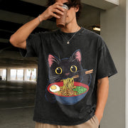 Cat Ramen Cute Vintage Washed T-Shirt in Black