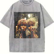 Two Glam Dolls Portrait Vintage Washed T-Shirt in Gray