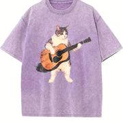 Guitar Cat Retro Music Cats Vintage Washed T-Shirt in Purple