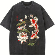 Koi Fish and Lotus Vintage Washed T-Shirt in Black