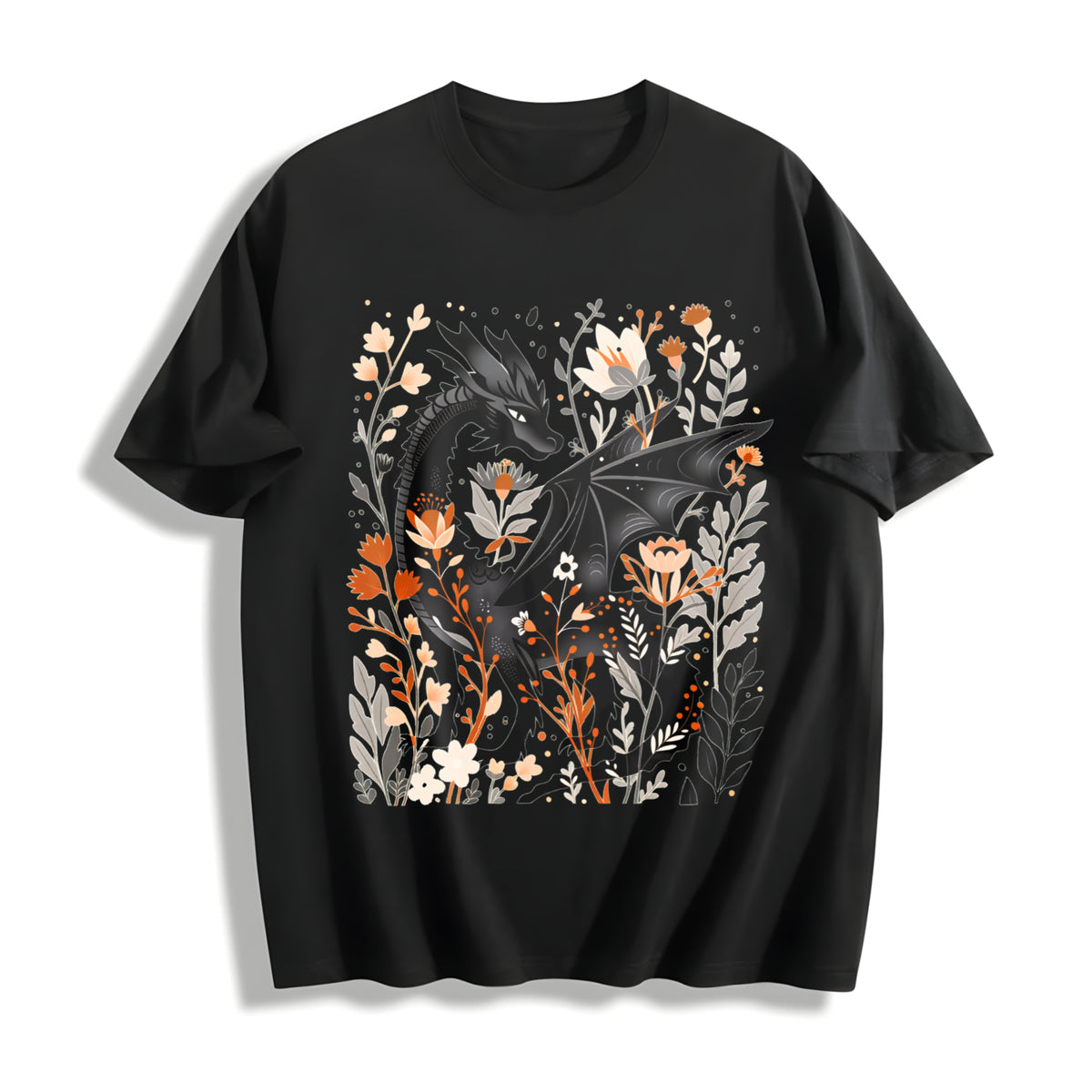 Fantasy Black Dragon Gentle Floral Cotton T-Shirt in Black