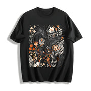 Fantasy Black Dragon Gentle Floral Cotton T-Shirt in Black