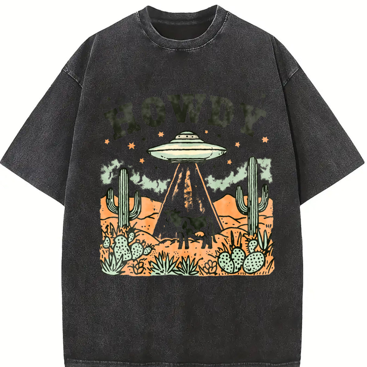 Howdy Ufo Western Cow Retro Cowboy 90s Desert Cactus Y2k Vintage Washed T-Shirt in Black