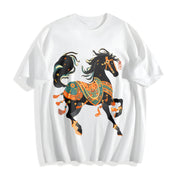 New Year's Winter Ethnic Exotic Golden Edition Black Horse Cotton T-Shirt in White
