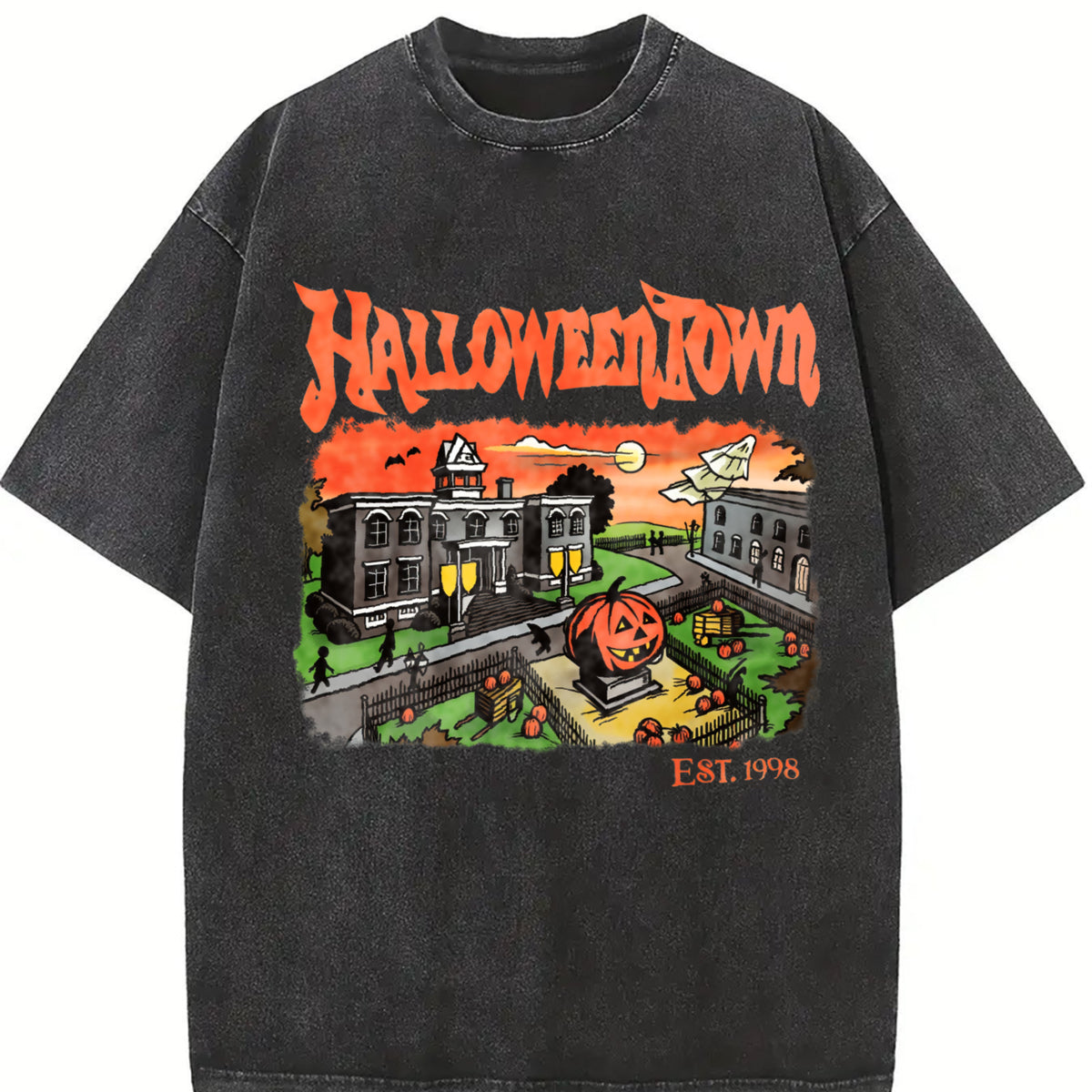 Retro Halloweentown University Vintage Washed T-Shirt in Black