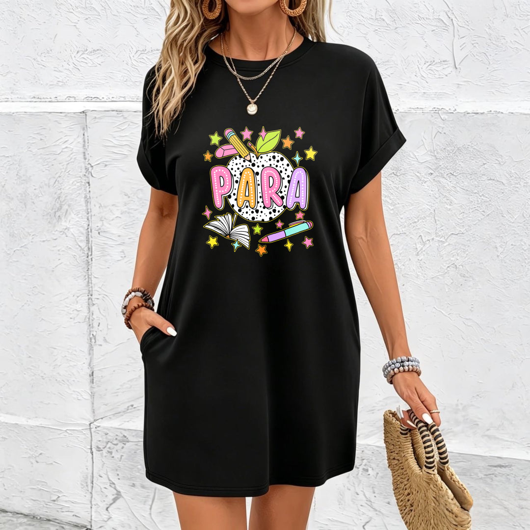 New Long Black Patterned Dress Cotton T-Shirt in Black