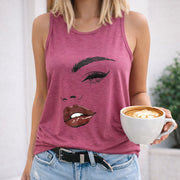 Eyebrow Eye Nose Lip Mouth Crew-neck Sleeveless Vest Women's Color Cotton Tank Top in Red
