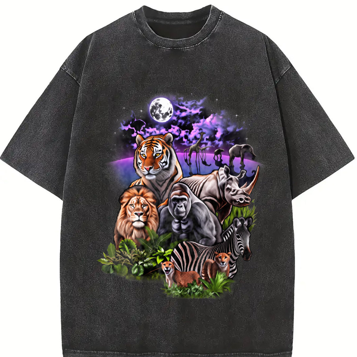 Rainforest Animals 90s Vintage Washed T-Shirt in Black