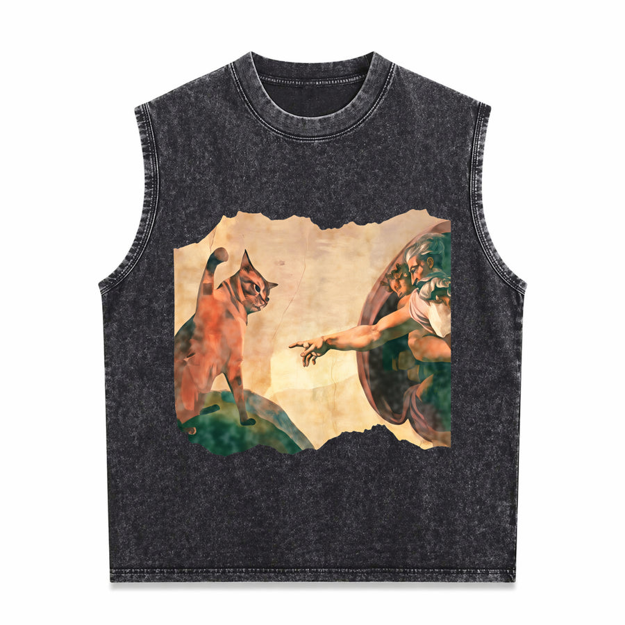 Cat Swatting God's Hand Parody Cat the Divine Swipe Vintage Washed Tank Top in Black