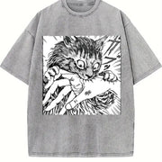 Cat Bite Japanese Horror Anime Vintage Washed T-Shirt in Gray