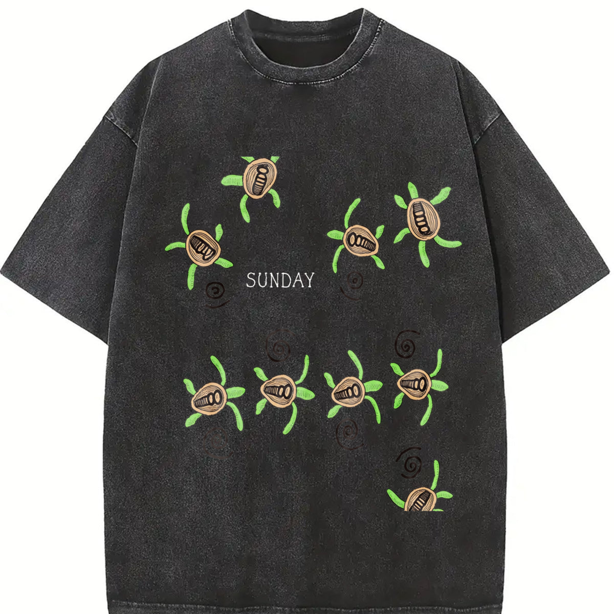 Sea Turtle Embroidered Vintage Washed T-Shirt in Black