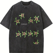 Sea Turtle Embroidered Vintage Washed T-Shirt in Black