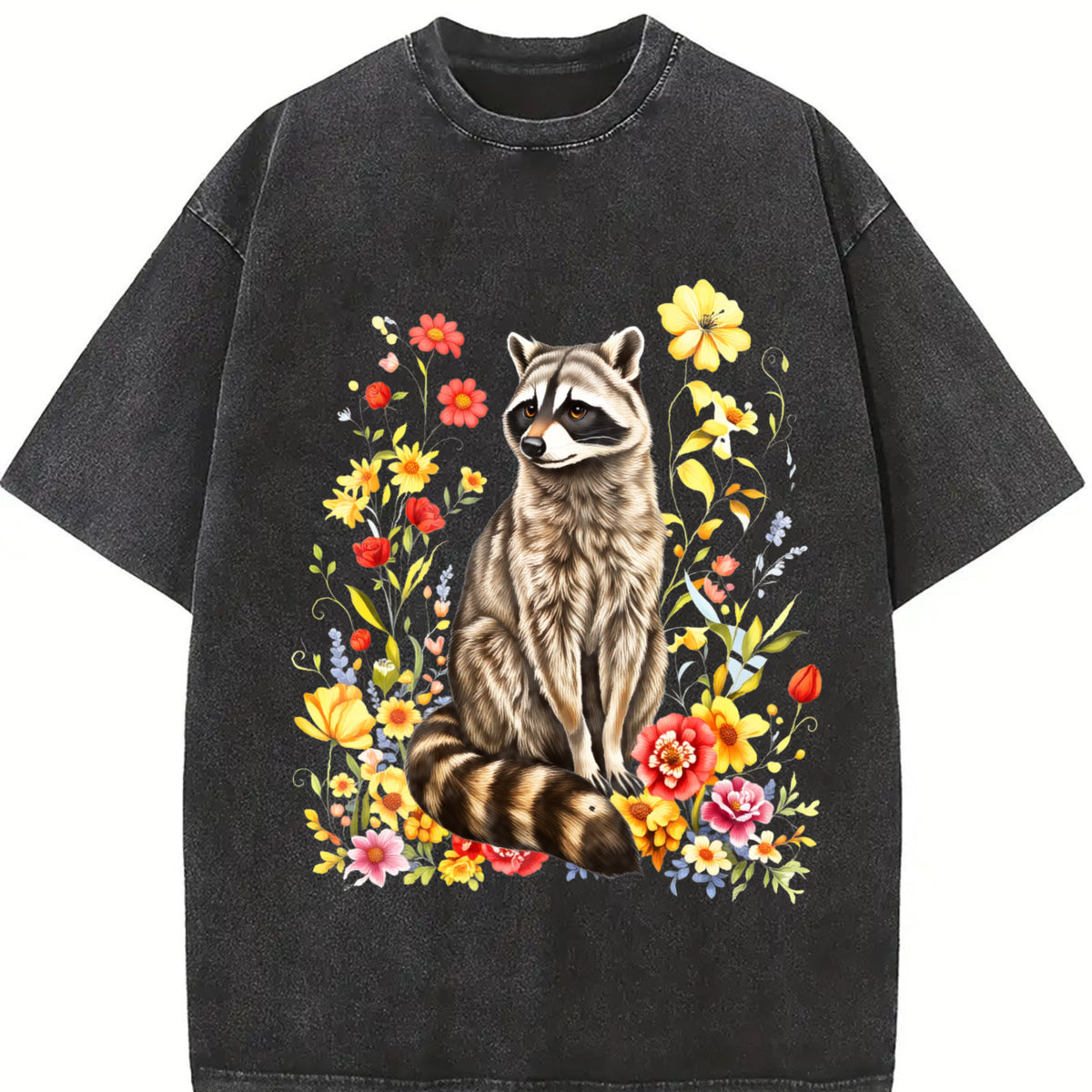 Cute Raccoon Floral Vintage Washed T-Shirt in Black