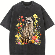Cute Raccoon Floral Vintage Washed T-Shirt in Black