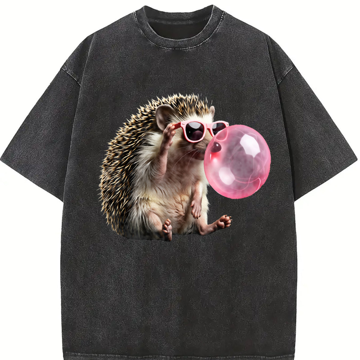 Grunge Vibes for Urban Explorers: Hedgehog in Pink Shades Vintage Washed T-Shirt in Black