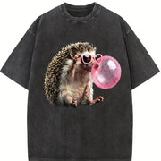 Grunge Vibes for Urban Explorers: Hedgehog in Pink Shades Vintage Washed T-Shirt in Black