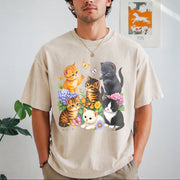 Retro Kitten 90s Cute Cats Pullover Vintage Washed T-Shirt in Beige