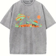 Retro UFO Alien Abduction Dinosaur Vintage Washed T-Shirt in Gray