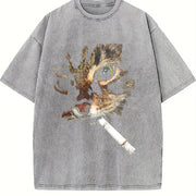 Smoking Cat Halloween vintage washed oversized T-shirt in Gray