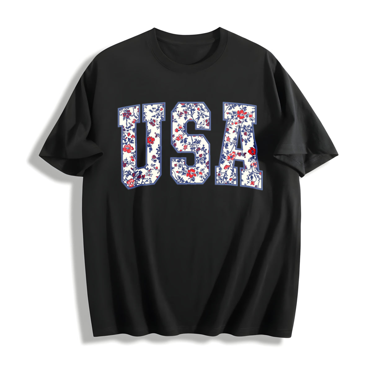 Floral USA American Girl Cotton T-Shirt in Black