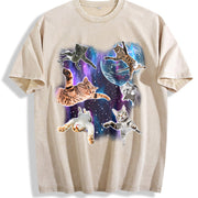 Cats Floating in Galaxy 90s Vintage Washed T-Shirt in Beige