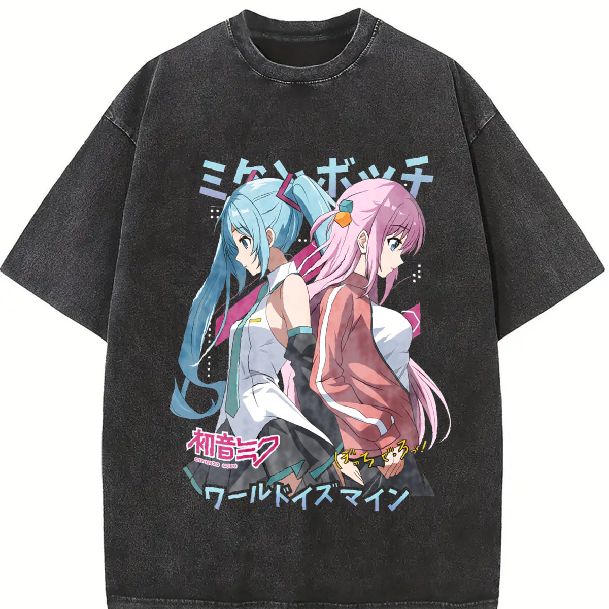 Hatsune Miku singer music anime Hip Hop vintage washed oversized T-shirt in Black