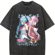 Hatsune Miku singer music anime Hip Hop vintage washed oversized T-shirt in Black