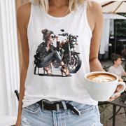 Biker Girl on Motorcycle Crew-neck Sleeveless Vest Outdoor Women's Color Cotton Tank Top in White