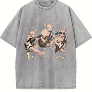 Sphynx Cat Rock Band Vintage Washed T-Shirt in Gray